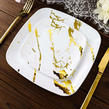 10 Pack | 8inch White / Gold Marble Square Plastic Salad Plates, Disposable Appetizer Party Plates