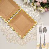 25 Pack | 7 Square Natural Brown Paper Salad Plates With Gold Scalloped Rim, Party Plates