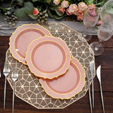 8inch Dusty Rose Plastic Dessert Salad Plates, Disposable Tableware Round With Gold Scalloped Rim