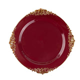 10inch Burgundy Gold Leaf Embossed Baroque Plastic Dinner Plates, Disposable Vintage Round Plates