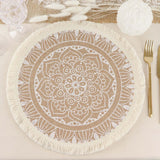 4 Pack | Natural 15inch Jute & White Mandala Print Fringe Placemats