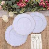 10 Pack | 9inch White / Gold Scalloped Rim Plastic Dinner Plates