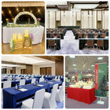 Event setup with tables and decorations in various settings.