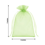Green organza gift bag, 7 inches tall and 5 inches wide, with drawstring closure.
