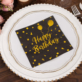 20 Pack Black Gold Happy Birthday Paper Cocktail Napkins With Foil Print, Soft 2-Ply Disposable