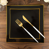 10 Pack | 8inch Black / Gold Concave Modern Square Plastic Dessert Plates, Disposable Salad Plates