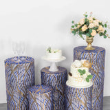 Set of 5 Royal Blue Wave Mesh Cylinder Pedestal Stand Covers with Embroidered Sequins, Premium