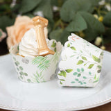 25 Pack White Green Paper Truffle Cup Dessert Liners with Eucalyptus Leaves Print