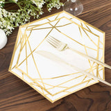 25 Pack | 7inch White / Gold Hexagon Salad Paper Plates, Geometric Disposable Dessert