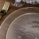 10 Pack | Clear Hammered 9inch Round Plastic Dinner Plates With Gold Rim