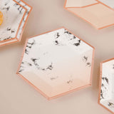 50 Pack | Blush/Rose Gold Marble 10/8inch Paper Plates, Disposable Hexagon Plates With Gold Foil Rim