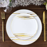 10 Pack | White & Gold Brush Stroked 7inch Round Plastic Dessert Plates