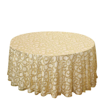 Tulle 120" Round Tablecloth Gold - Seamless Sequin Leaf Embroidered Design for Sophisticated Occasions