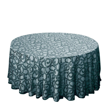 Tulle 120" Round Tablecloth Hunter Emerald Green - Seamless Sequin Leaf Embroidered Table Cover