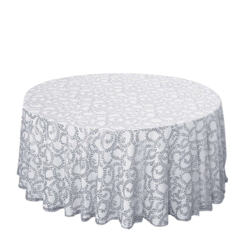 Tulle 120" Round Tablecloth Silver - Seamless Sequin Leaf Embroidered Table Cover