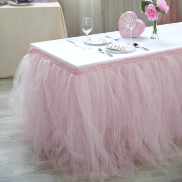 Tulle 14ft Table Skirt Blush - 4 Layer Pleated Tutu Table Cover