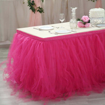 Tulle 14ft Table Skirt Fuchsia - 4 Layer Pleated Tutu Table Cover