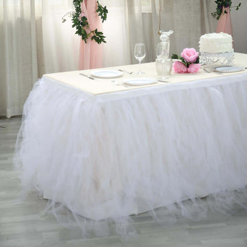 Tulle 14ft Table Skirt White - 4 Layer Pleated Tutu Chic & Soft Event Table Cover