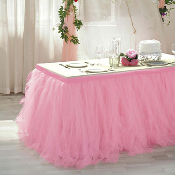 Tulle 17ft Table Skirt Pink/Rose Quartz - 4 Layer Pleated Tutu Table Cover