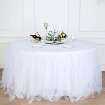 Tulle 17ft Table Skirt White - 4 Layer Pleated Tutu Chic & Soft Event Table Cover