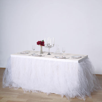 Tulle 21ft Table Skirt White - 4 Layer Pleated Tutu Chic & Soft Event Table Cover