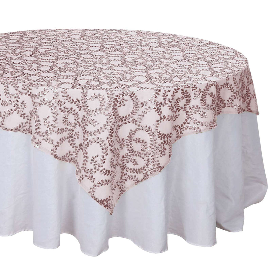 72"x72" Rose Gold Sequin Leaf Embroidered Tulle Table Overlay, Square Sheer Table Topper