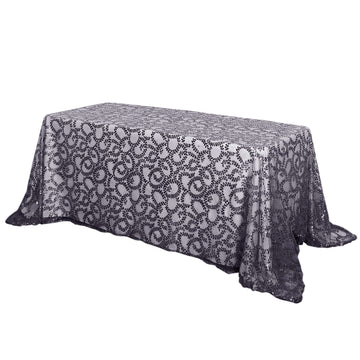 Tulle 90"x156" Rectangle Tablecloth Black - Sequin Leaf Embroidered Table Cover