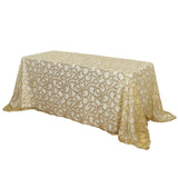 90x156inch Gold Sequin Leaf Embroidered Rectangular Tablecloth, Seamless Sheer Table Overlay