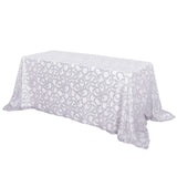 90x156inch Silver Sequin Leaf Embroidered Rectangular Tablecloth, Seamless Sheer Table Overlay