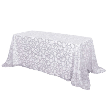 Tulle 90"x156" Rectangle Tablecloth Silver - Sequin Leaf Embroidered Table Cover