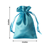 Turquoise satin gift bag, 6 inches tall and 4 inches wide, with drawstring closure.