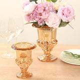 2 Pack Amber Gold Glass Pedestal Flower Vases in Classic Roman Urn Style, 8inch Mini Floral Vase