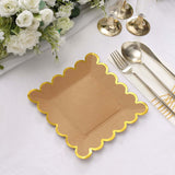 25 Pack | 7 Square Natural Brown Paper Salad Plates With Gold Scalloped Rim, Party Plates