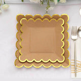 25 Pack | 7 Square Natural Brown Paper Salad Plates With Gold Scalloped Rim, Party Plates