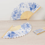 5-Pack Paper Folding Fans Party Favors in White & Blue French Toile Pattern, Handheld Fans