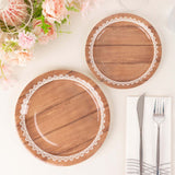 25 Pack Brown Wood Grain Print 9inch Disposable Party Plates With Floral Lace Rim, Round Paper