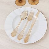 72 Pcs Plastic Silverware Set in Baroque Style Amber Gold
