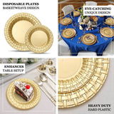 10 Pack | 10inch Gold Basketweave Rim Plastic Dinner Plates, Round Disposable Plates