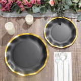 25 Pack | 10inch Matte Black / Gold Wavy Rim Disposable Dinner Plates, Round Paper Party Plates