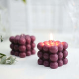 Burgundy Bubble Cube Long Burning Paraffin Wax Candle Set, Unscented Decorative Pillar Candle Gift