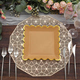 25 Pack | 9 Square Natural Brown Paper Dinner Plates With Gold Scalloped Rim, Party Plates