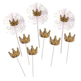 9 Pack | Gold Sequin Crown & Tutu Cupcake Cake Toppers, Princess Party Decor Supplies