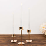 Set of 3 Gold Metal Taper Candle Stands with Round Base, Hurricane Candlestick Holders