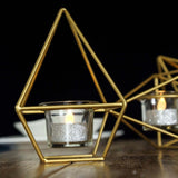 16Inch Long Gold Linked Geometric Tealight Candle Holder Set With Votive Glass Holders