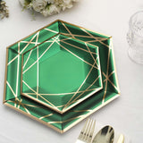 25 Pack | 9inch Hunter Emerald Green / Gold Hexagon Dinner Paper Plates, Geometric Party Plates