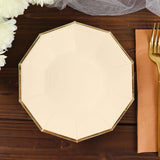 25 Pack | 7inch Beige Gold Foil Rim Geometric Appetizer Paper Plates, Decagon Dessert / Salad Plates