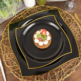 10 Pack | 8inch Black / Gold Wavy Rim Modern Square Plastic Dessert Plates, Disposable Salad Plates