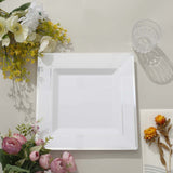 10 Pack - 10inch Silver Trim White Square Plastic Disposable Dinner Plates