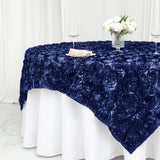 72x72inch Navy Blue 3D Rosette Satin Table Overlay, Square Tablecloth Topper