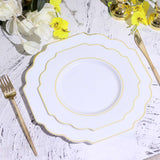 White 8inch Heavy Duty Plastic Dessert Salad Plates, Disposable Tableware, Baroque with Gold Rim